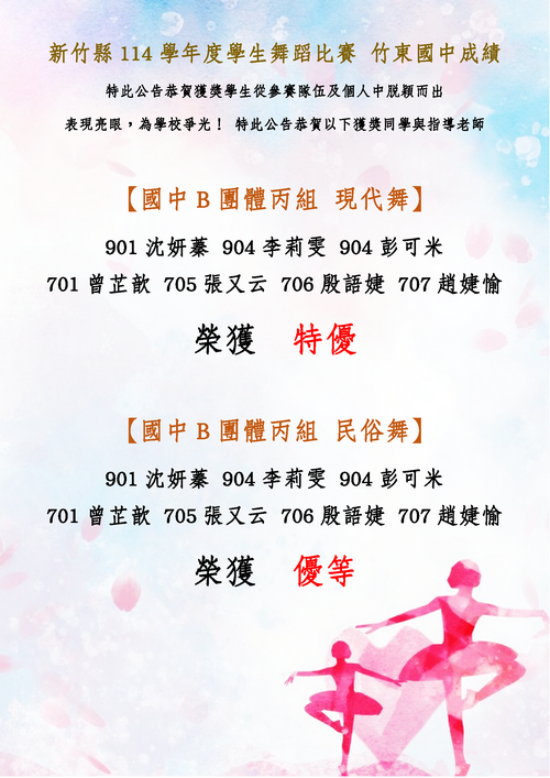 新竹縣114學年度學生舞蹈比賽 竹東國中成績_1